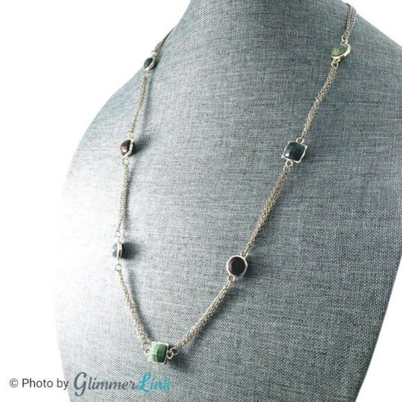 Banana Republic Green Brown Station Silver Tone Necklace - Picture 3 of 7